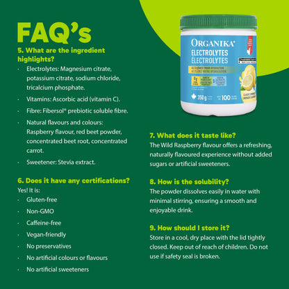 Organika Canadian-Made Electrolytes Powder with Vitamin C & Prebiotic Fibre - Sugar-Free Hydration Drink Mix - Classic Lemonade - 350 g - 100 servings Organika