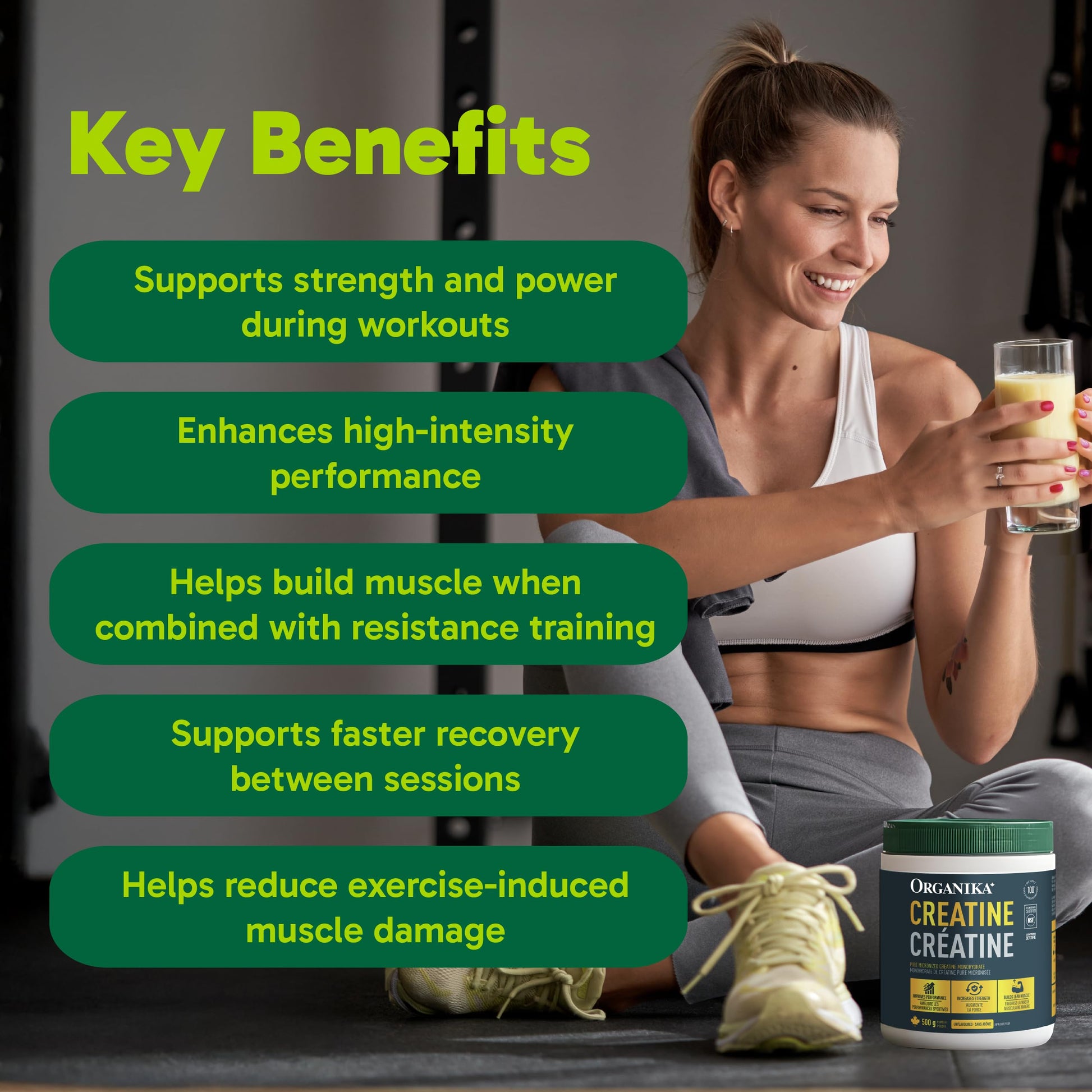 Organika Canadian-Made Creatine Powder- Pure Micronized Creatine Monohydrate - Helps Build Lean Muscle, Increase Strength, and Improved Recovery and Performance for Men and Women - 500g, 100 servings