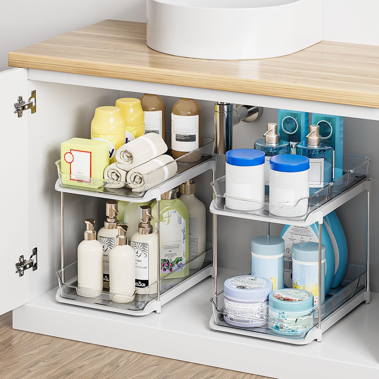 Delamu 2-Tier Multi-Purpose Bathroom Under Sink Organizers and Storage, Stackable Kitchen Pantry Organization, Pull Out Medicine Cabinet Organizer with Movable Dividers, White, 2 Pack - Available at All In One Marketplace Canada