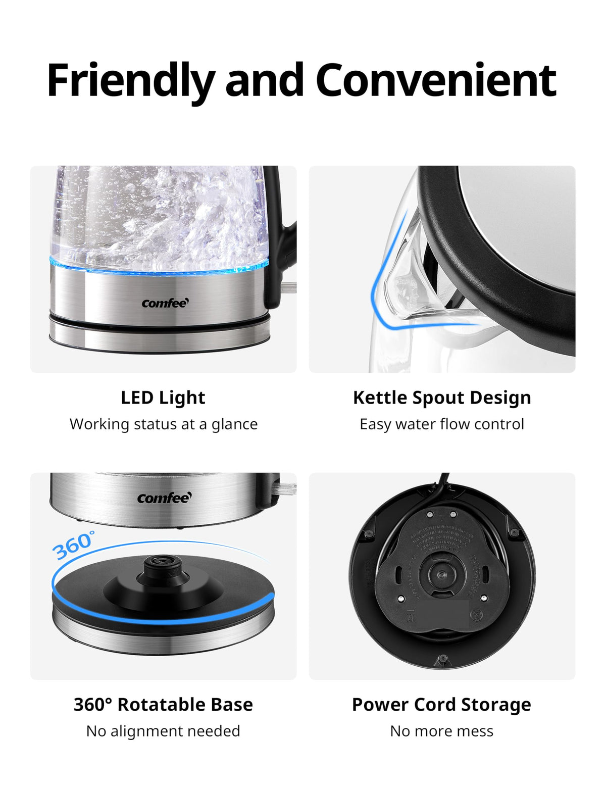 Comfee Electric Kettle, 1.7L 1500W, Hot Water Boiler, Removable Lid for Easy Cleaning, Auto Shut Off, Boil-Dry Protection, 360° Swivel Base, BPA Free, Borosilicate Glass Electric Tea Kettle