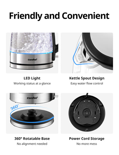 Comfee Electric Kettle, 1.7L 1500W, Hot Water Boiler, Removable Lid for Easy Cleaning, Auto Shut Off, Boil-Dry Protection, 360° Swivel Base, BPA Free, Borosilicate Glass Electric Tea Kettle