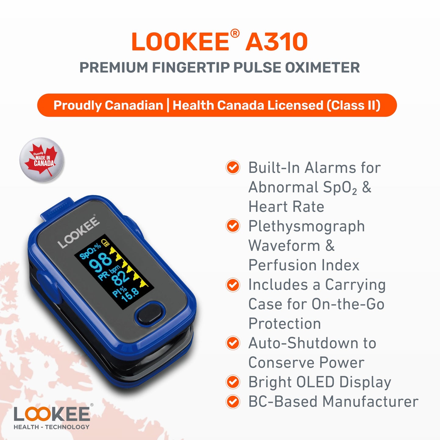 LOOKEE A310 Premium Pulse Oximeter Finger Heart Rate Oxygen Monitor | Proudly Canadian | SpO2 Blood Oxygen Level | Medical Accuracy, Alarm & PI | OLED Display | Carry Case & Batteries | Blue