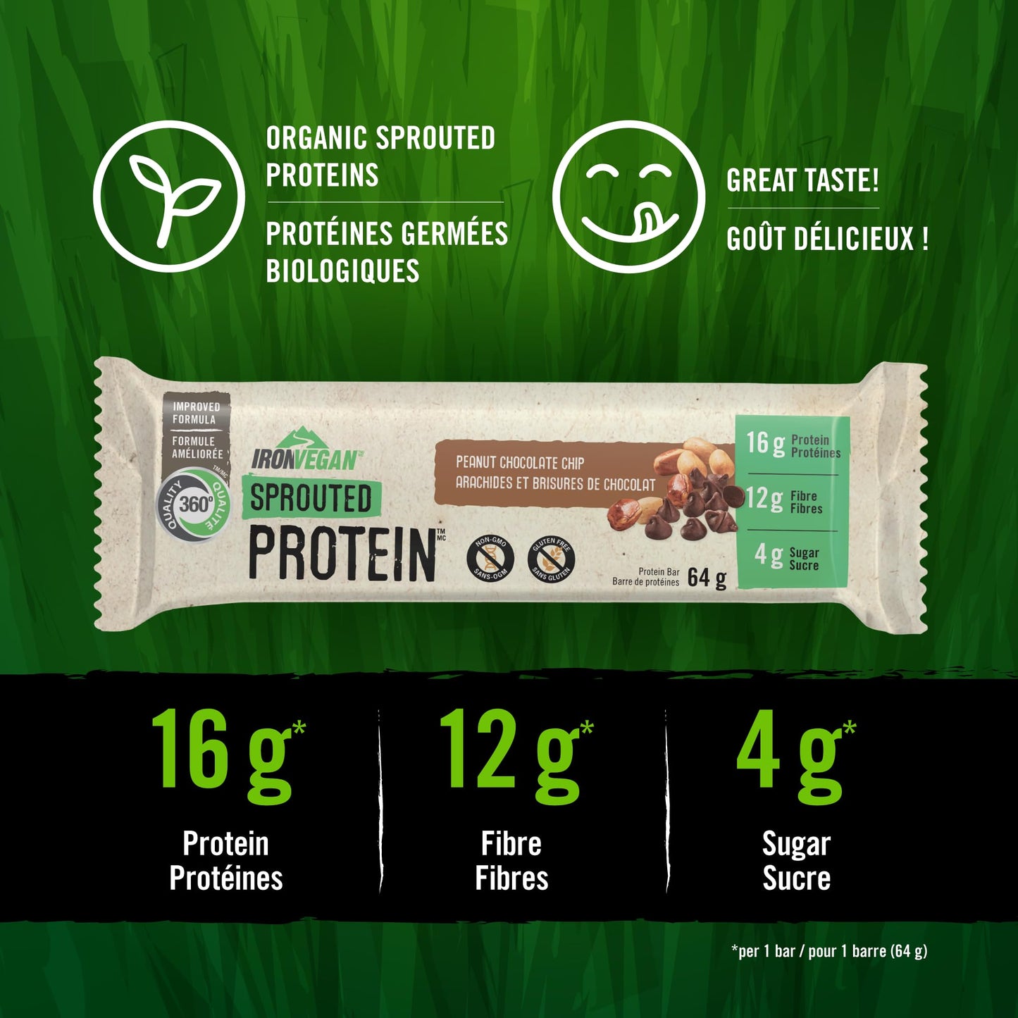 Iron Vegan Sprouted Protein Bars | Peanut Chocolate Chip Flavour | 12 Pack - Available at All In One Marketplace Canada