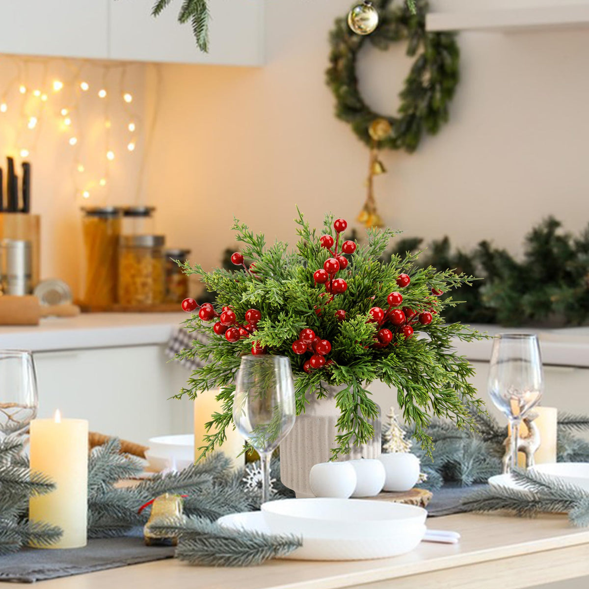 Watayo 60 Pcs Christmas Artificial Pine Branches with Red Berry Stems, 10.5" Faux Evergreen Norfolk Pine Cypress Leaves Stems, Fake Foliage Pine Needles Picks for DIY Craft Garland Home Decor 🍁 All In One Marketplace Canada