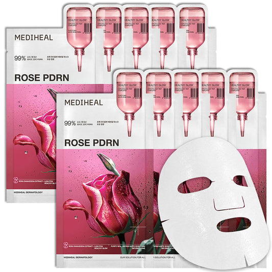 MEDIHEAL Rose PDRN Essential Face Mask - Healthy Glow with Squalane & Vitamin C, Hydrating & Firming, Pore Minimizer & Moisture Barrier, Vegan, Korean Skincare for Women (10 Sheets)