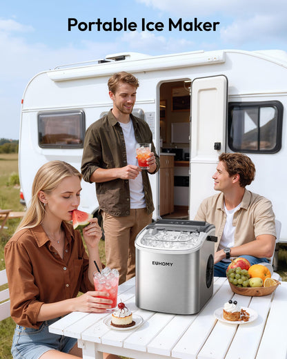 EUHOMY Countertop Ice Maker Machine with Handle, 26lbs Per Day, 9 Ice Cubes Ready in 6 Mins, Auto-Cleaning Portable Ice Maker with Basket and Scoop, for Home/Kitchen/Camping/RV (Silver)