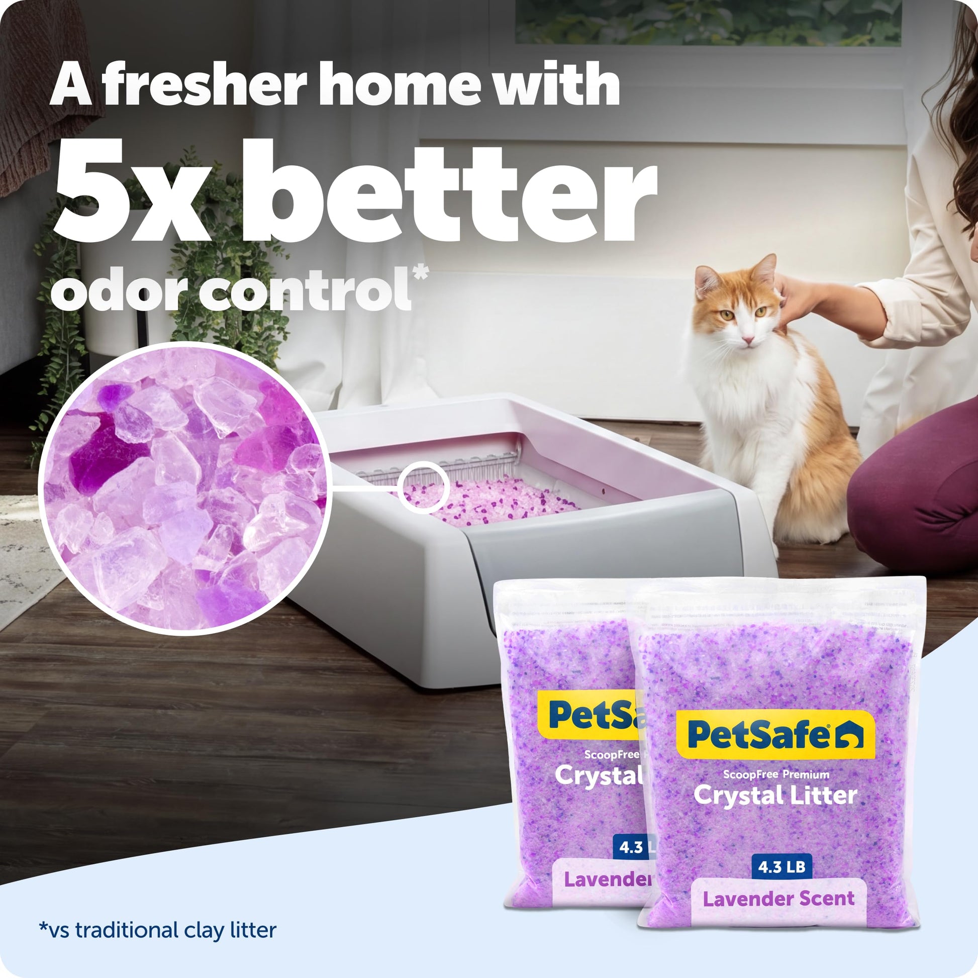 PetSafe ScoopFree Lavender Non-Clumping Crystal Cat Litter, Lightly Scented Litter – Superior Odor Control – Low Tracking for Less Mess – Lasts Up to 1 Month, 8.6 Lbs Total (2 Pack of 4.3 Lb Bags)