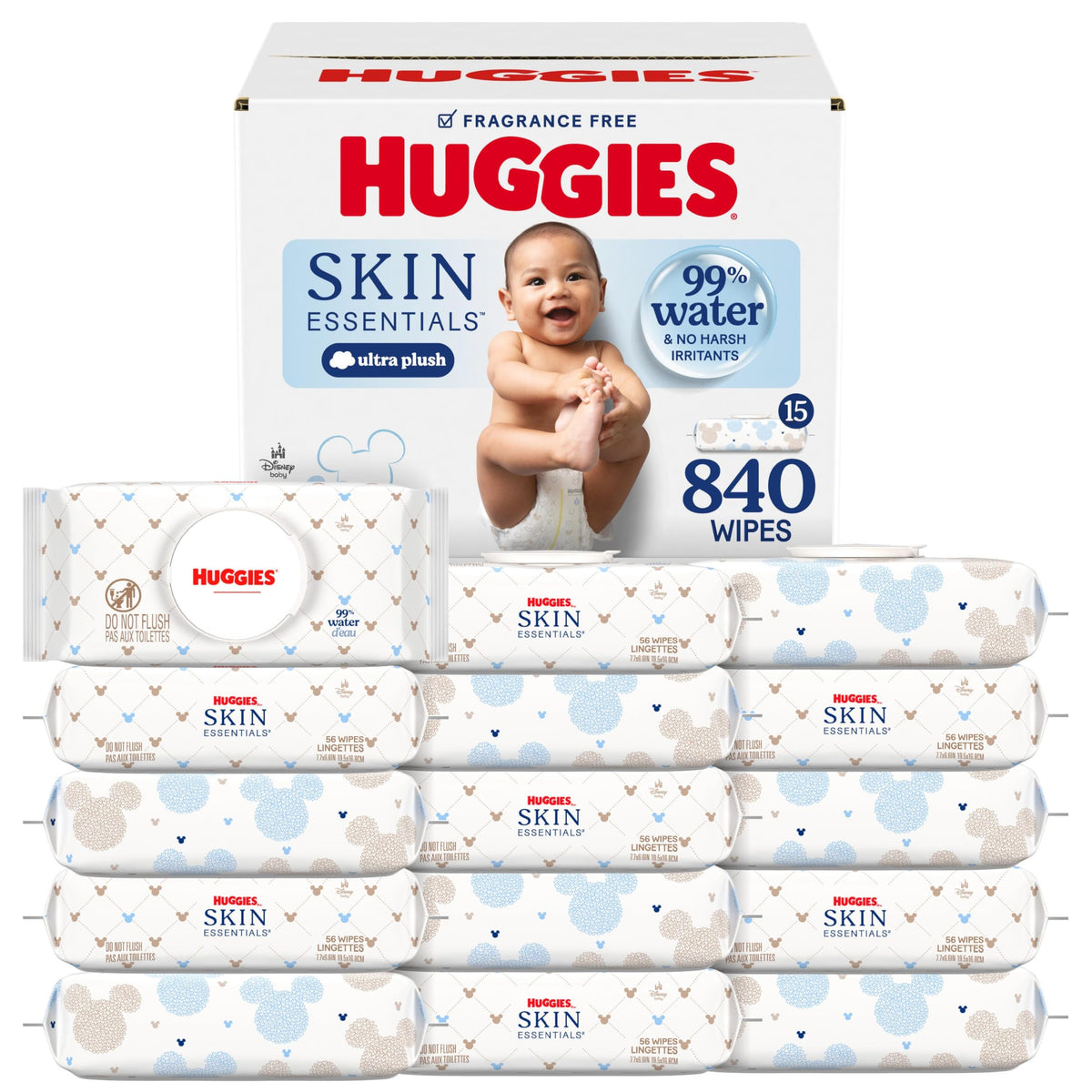 Huggies Skin Essentials Baby Wipes, Hypoallergenic, 99% Water, 10 Flip Top Packs (840 Wipes Total)