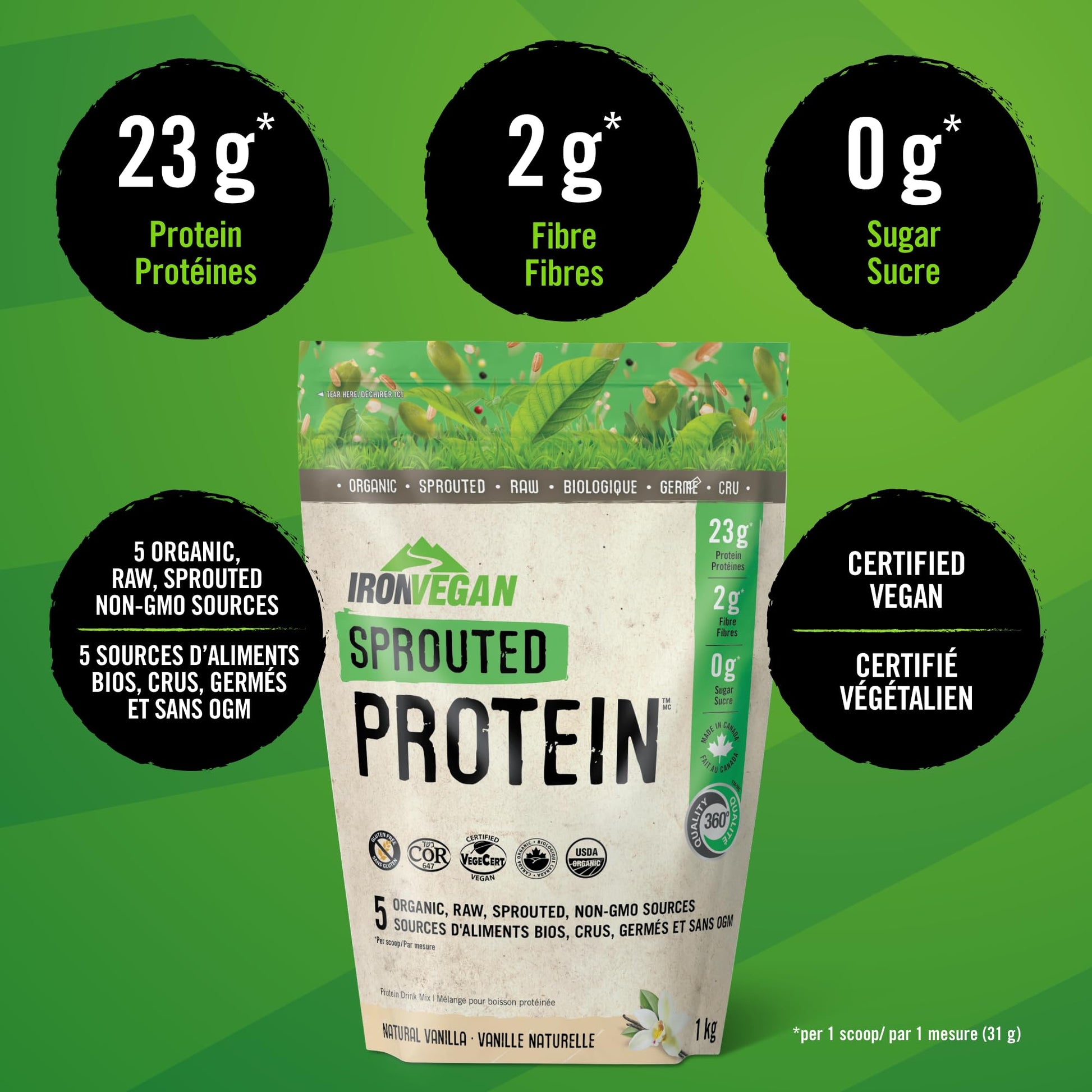 Iron Vegan Sprouted Protein, French Vanilla Flavour, 1kg | Vegan, plant-based, organic, gluten-free Brown (Pack of 1) IRONVEGAN