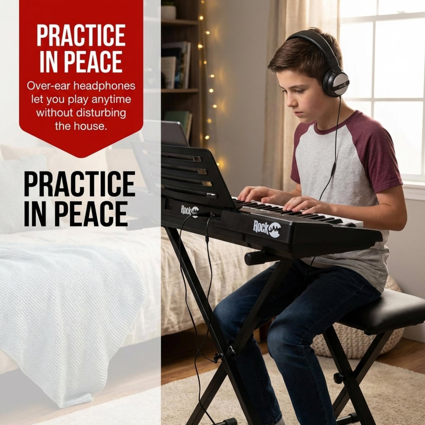 RockJam 61 Key Keyboard Piano With Pitch Bend Kit, Keyboard Stand, Piano Bench, Headphones, Simply Piano App & Keynote Stickers