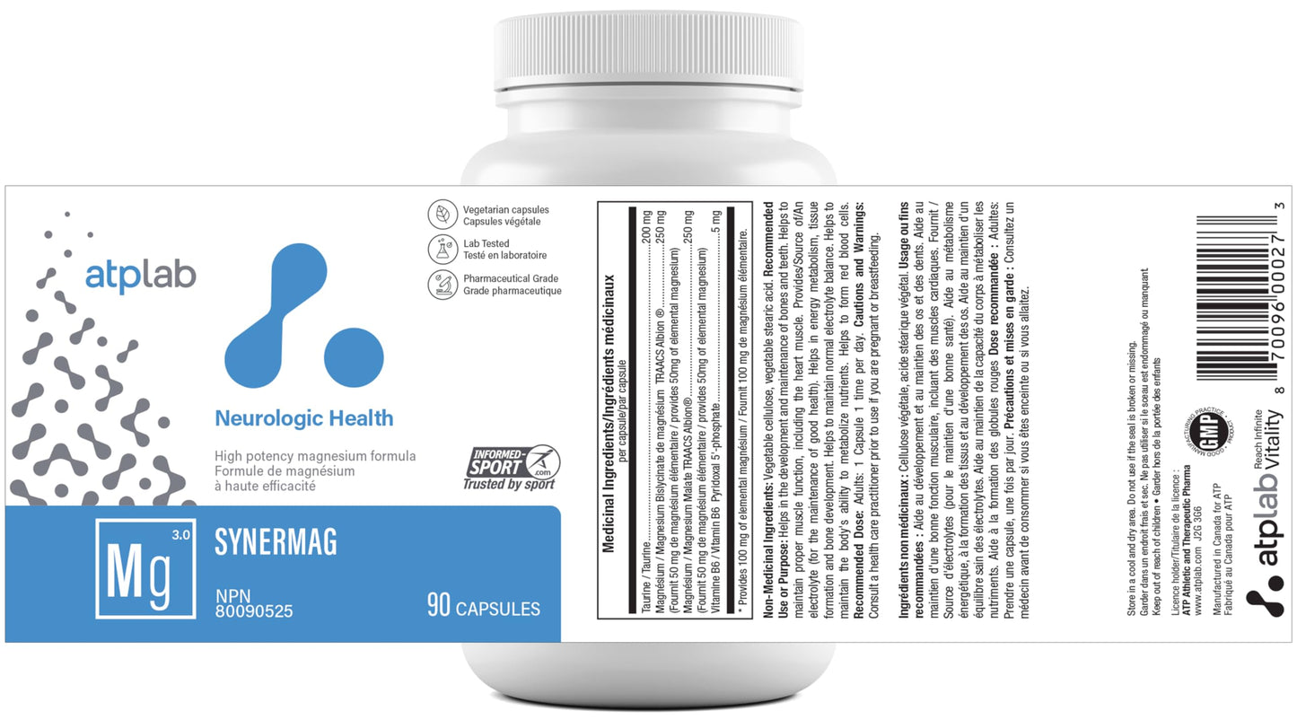 ATP LAB - Synermag 90 Capsules 90-Day Supply - High potency Magnesium Bisglycinate, Malate, Taurine & Vitamin B6 - Bone Health Supplement - Muscle Health & Teeth Health - Available at All In One Marketplace Canada