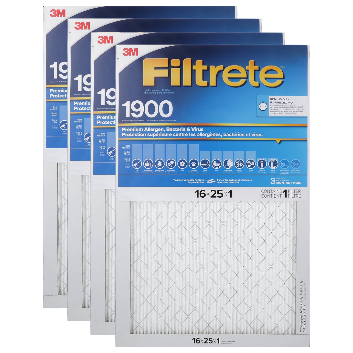 Filtrete 16x25x1 AC Furnace Air Filter, MERV 13, MPR 1900, Premium Allergen, Bacteria & Virus, 3-Month Pleated 1-Inch Electrostatic Air Cleaning Filter, 4-Pack (Actual Size 15.69 x 24.69 x 0.78 in) Filtrete