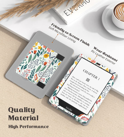 MoKo Case for 7"/6.8" Kindle Paperwhite(12th/11th Generation-2024/2021) and Kindle Colorsoft Signature Edition, Slim PU Shell Cover Case with Auto-Wake/Sleep for Kindle Paperwhite 2024, Flowers