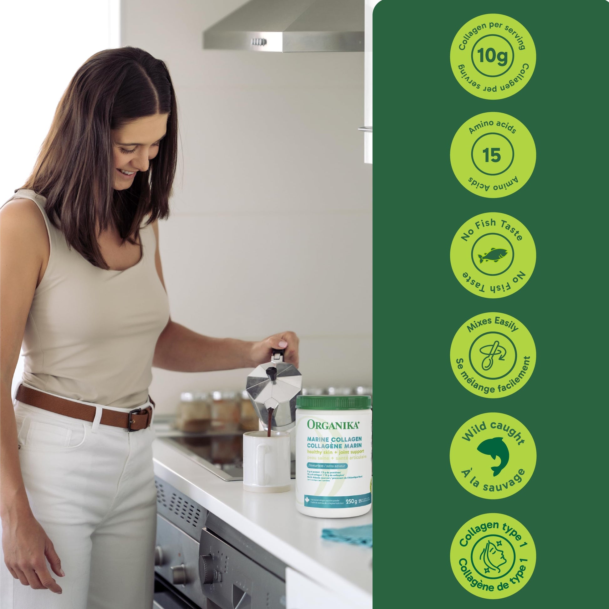 Organika Marine Collagen Powder – 10g Total Serving for Hair, Skin & Nails – Hydrolyzed Collagen Peptides Type 1 from Wild-Caught Fish, Tasteless, Canadian-Made – 250g - Available at All In One Marketplace Canada