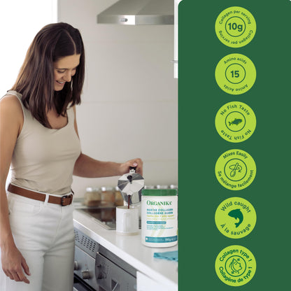 Organika Marine Collagen Powder – 10g Total Serving for Hair, Skin & Nails – Hydrolyzed Collagen Peptides Type 1 from Wild-Caught Fish, Tasteless, Canadian-Made – 250g - Available at All In One Marketplace Canada