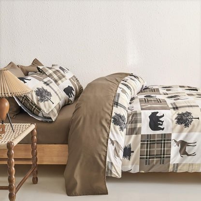 Wake In Cloud - Rustic Duvet Cover Set, Camping Christmas Farmhouse Western Patchwork Plaid Holiday Lodge Cabin RV Outdoor Wildlife Theme Bedding, 3-Piece, Taupe Brown, Queen Size 🍁 All In One Marketplace Canada