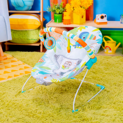Bright Starts Rainforest Vibes 3-Point Harness Vibrating Baby Bouncer with -Toy bar