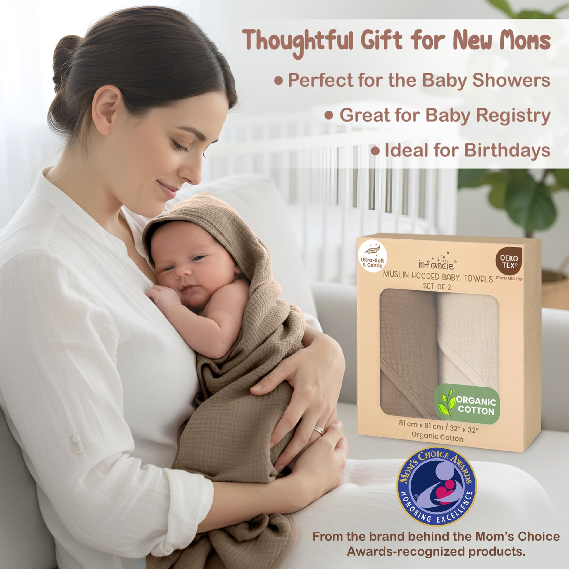 Infancie 100% Organic Cotton Muslin Hooded Baby Towels 2 Pack 81 X 81 CM Shower Towel Soft Breathable Lightweight Quick Dry Gentle On Baby Skin for Newborns and Infants