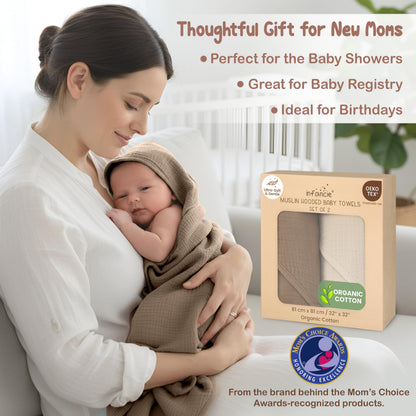 Infancie 100% Organic Cotton Muslin Hooded Baby Towels 2 Pack 81 X 81 CM Shower Towel Soft Breathable Lightweight Quick Dry Gentle On Baby Skin for Newborns and Infants