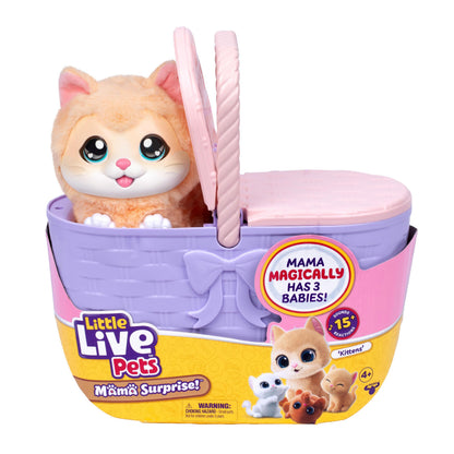 Little Live Pets Mama Surprise Kittens, Interactive Mama with 15+ Sounds & Reactions, Basket 11.4" Tall, Has 3 Surprise Babies, Reacts to Touch, Feeds on Fish, Portable Basket, Gift for Ages 4+