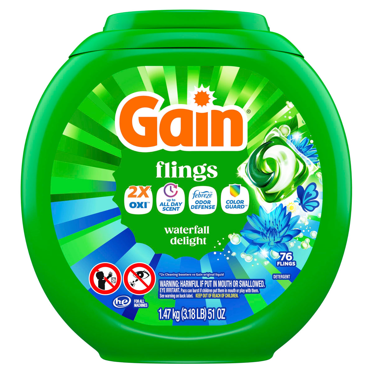 Gain Flings Ultra Oxi Laundry Detergent Pacs, 76 Count, Waterfall Delight Scent, with Odour Defense, concentrated laundry soap pacs