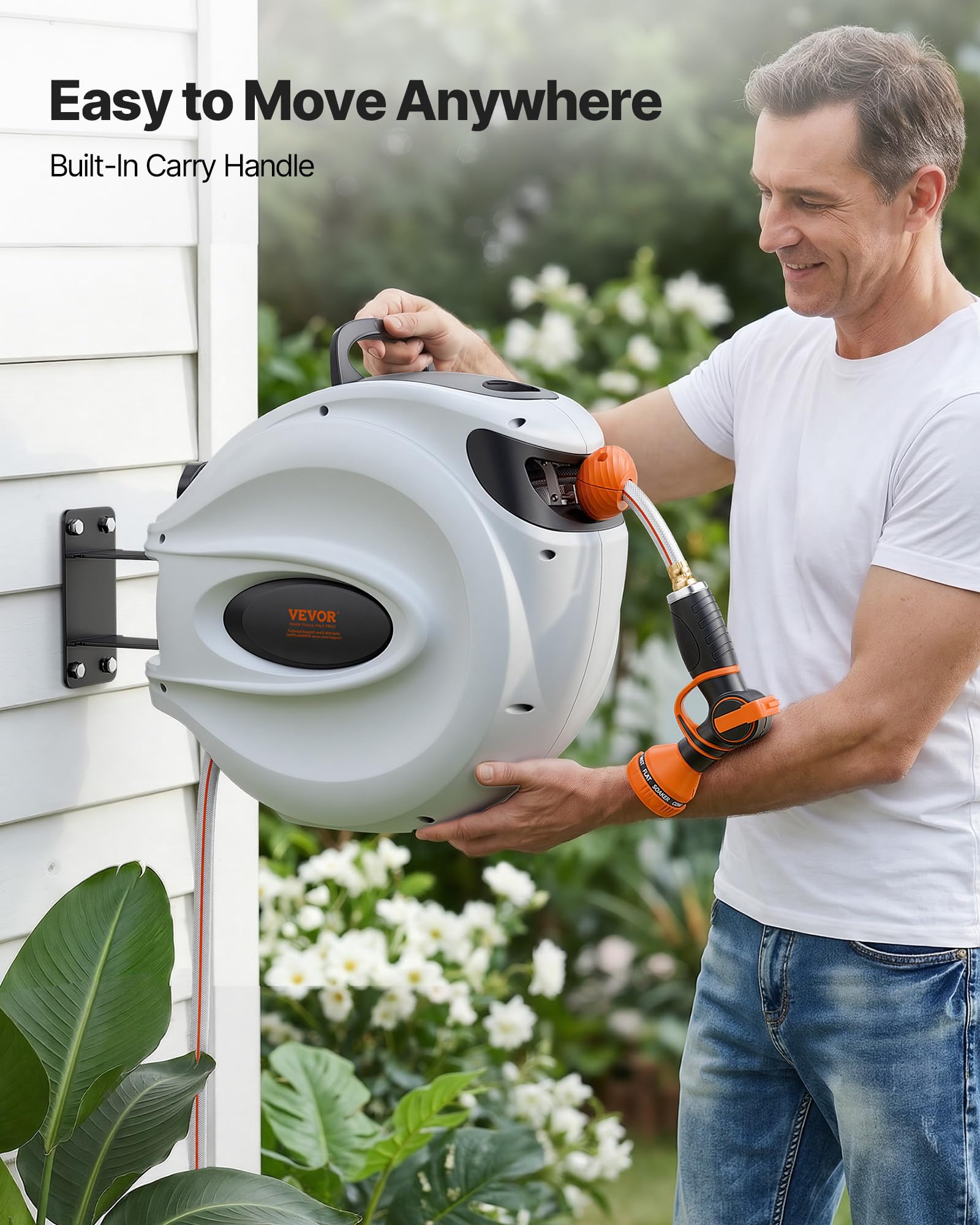 VEVOR Retractable Hose Reel, 115 ft x 1/2 inch, 180° Swivel Bracket Wall-Mounted, Garden Water Hose Reel with 9-Pattern Nozzle, Automatic Rewind, Lock at Any Length, and Slow Return System VEVOR