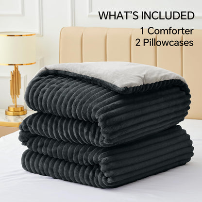 BEDELITE Fleece Queen Comforter Set, Soft Fluffy Bedding Set, Black 🍁 All In One Marketplace Canada