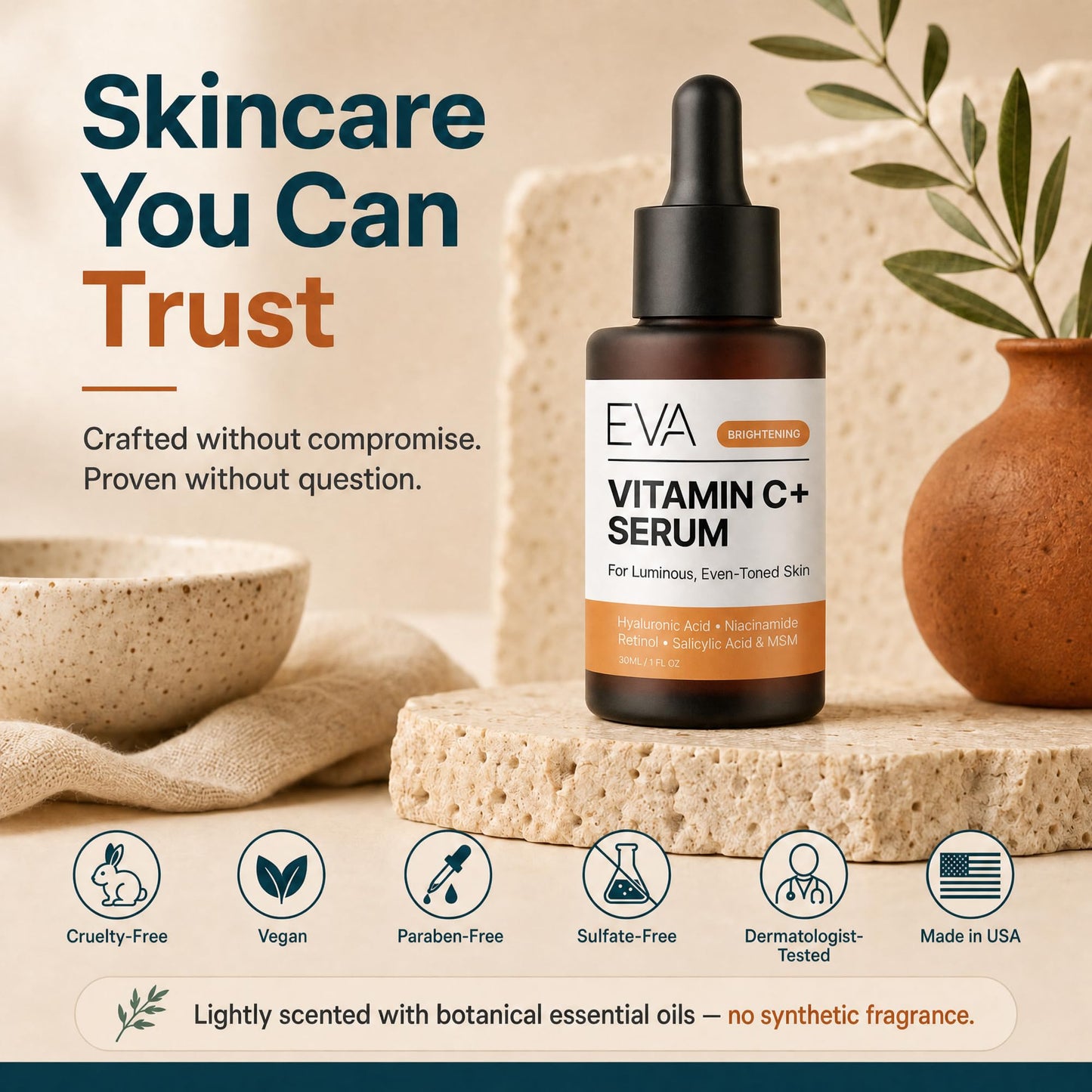 Eva Naturals Vitamin C+ Serum for Face – Anti Aging Facial Serum with Retinol, Salicylic Acid, Niacinamide & Hyaluronic Acid – Dark Spot, Fine Line & Wrinkle Support for Radiant Skin