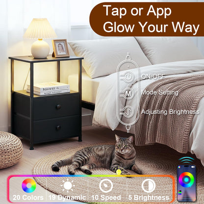 LOAKEKEL Night Stands Set 2, Bedside Table with Charging Station and LED Light, Nightstand with 2 AC Outlets and USB Ports, End Table with 2 Fabric Drawers for Bedroom, Living Room, Black, HETS02BK - Available at All In One Marketplace Canada