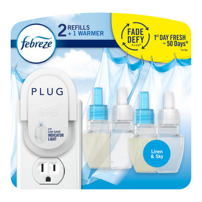 Febreze Plug In Air Freshener, Odor-Fighting Scented Oil Starter Kit, Air Fresheners for Home and Bathroom and Kitchen, Long Lasting for Strong Odors, Linen & Sky Scent, Warmer + 2 Refill