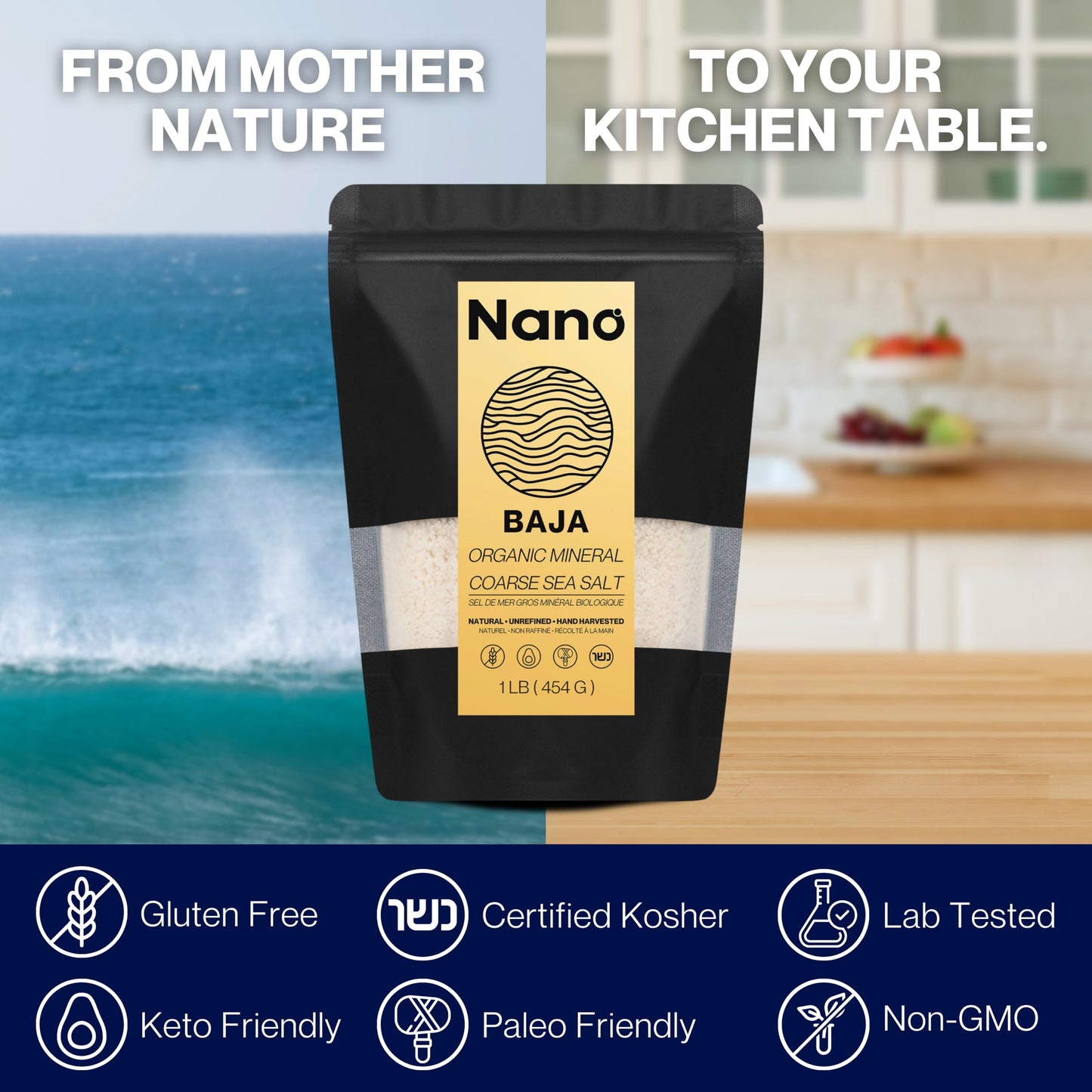 NANO Baja Sea Salt Organic | 90 Minerals, 4X More Than Celtic Sea Salt | Low Sodium, Pure & Clean | Cooking & Wellness | 1 lb (454g)