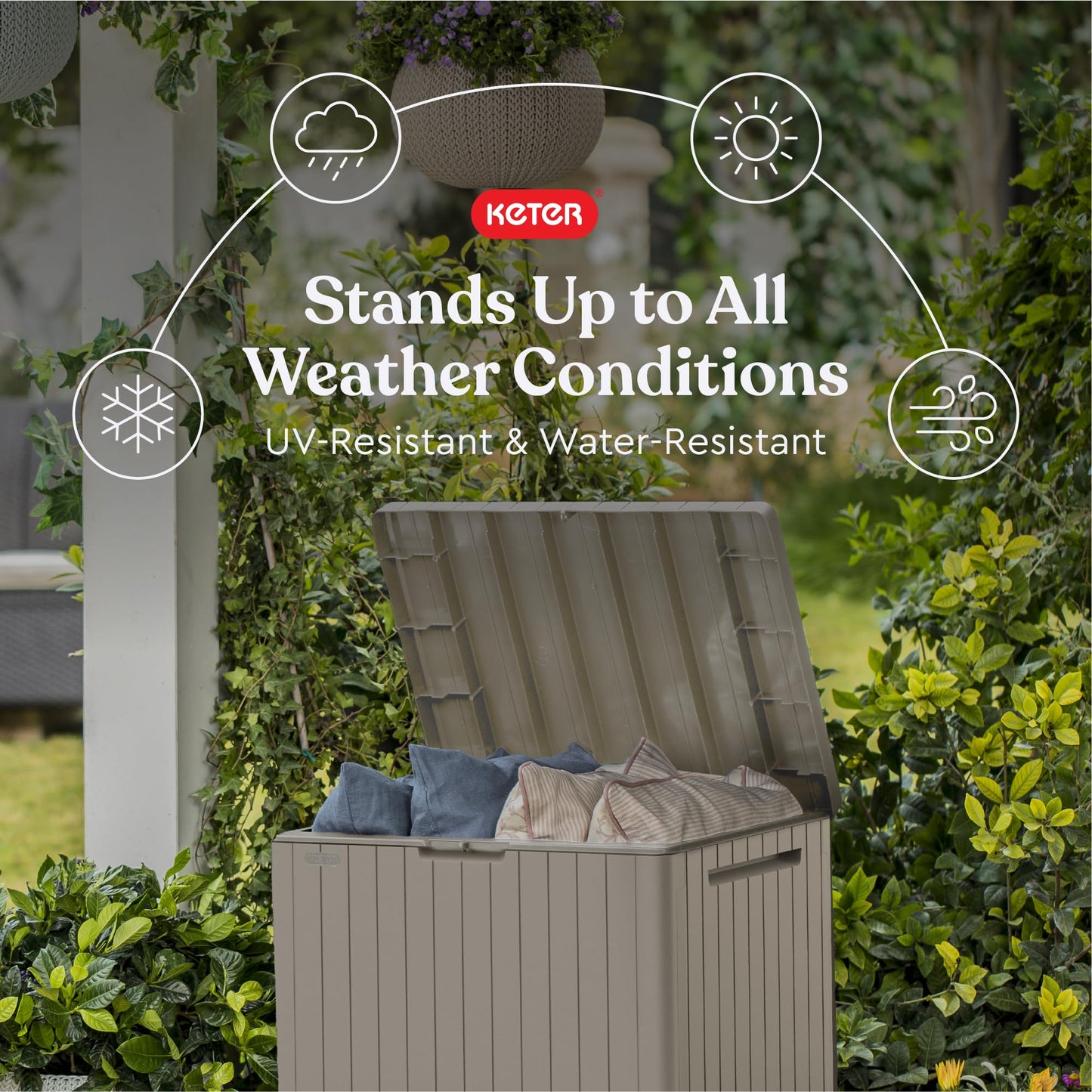 Keter City 30 Gallon Resin Outdoor Storage Box and Patio Furniture Side Table for Pool and Garden Accessories, Beige Keter