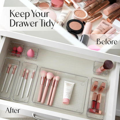 KICHLY 25 Pack Clear Plastic Desk Supplies Organizer, 4 Sizes Desk Drawer Organizer for Office Supplies, Vanity Organizers, Makeup, Gadgets, & Jewelry Storage Bins