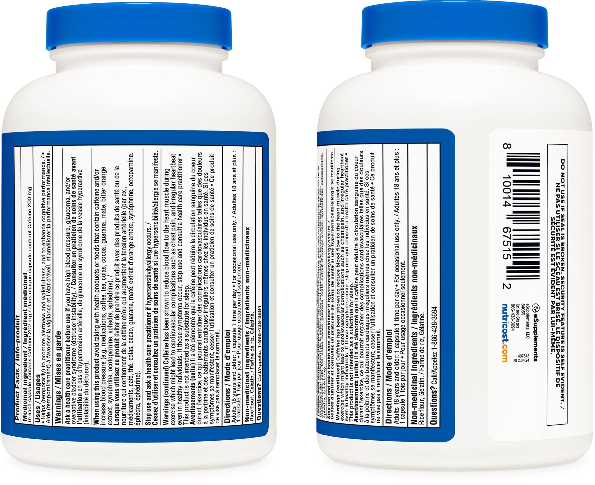 Nutricost Caffeine Pills (200mg) 500 Capsules - Available at All In One Marketplace Canada