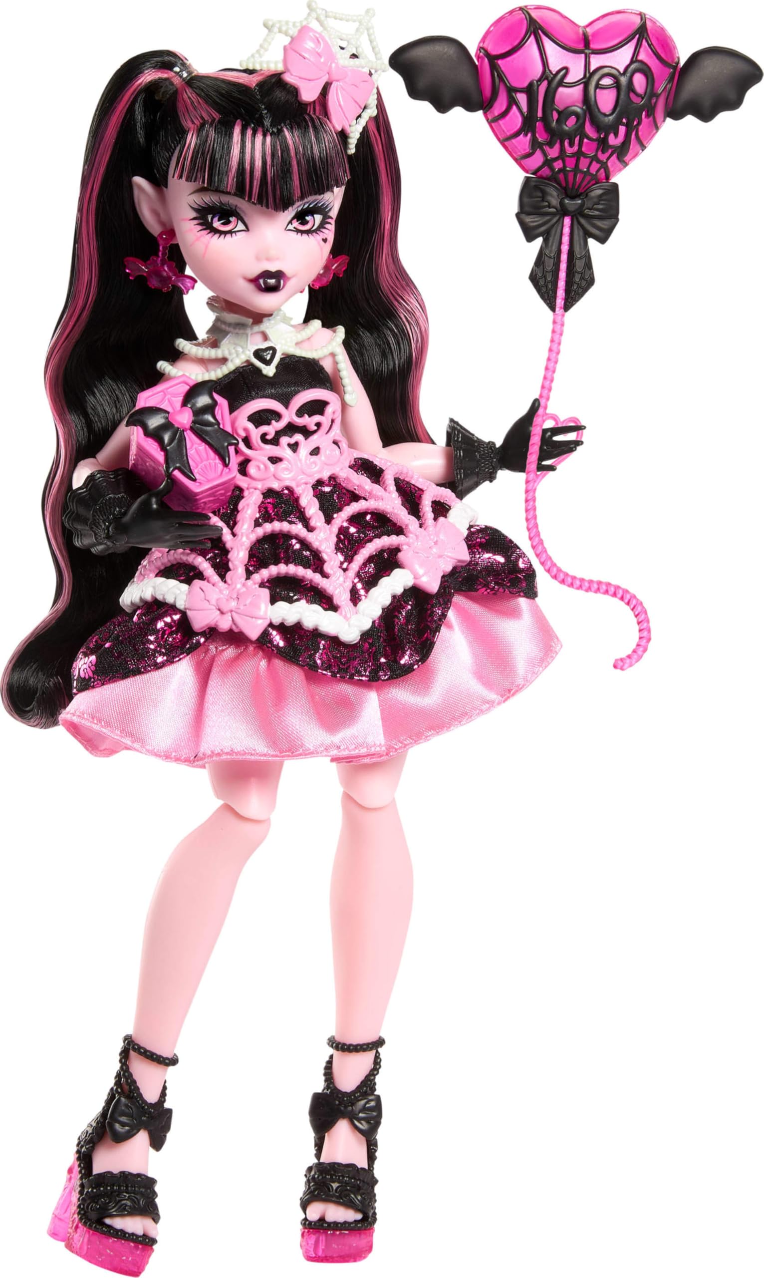 Monster High Scary Sweet Birthday Doll, Draculaura in Pink Party Dress with Themed Accessories Like Invite, Balloon, Gift, Fan and More Monster High