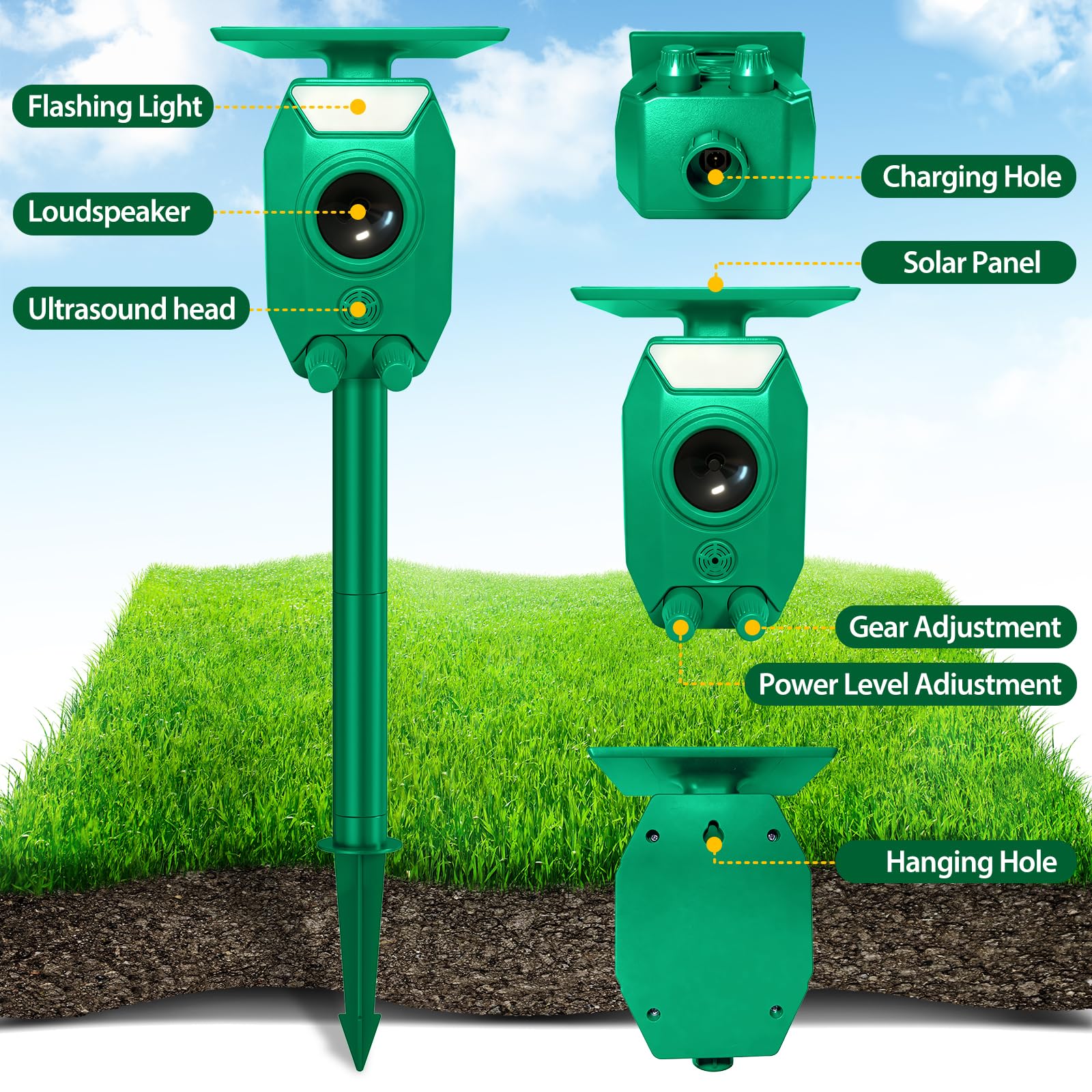 3Free Ultrasonic Animal Repellent Outdoor, Solar Power, Waterproof, Green - Available at All In One Marketplace Canada