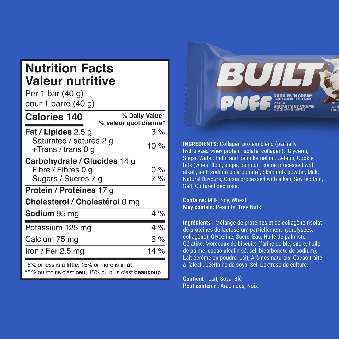 BUILT Puff Protein Bars, Cookies 'N Cream, 17g Protein - 12 Count 🍁 All In One Marketplace Canada