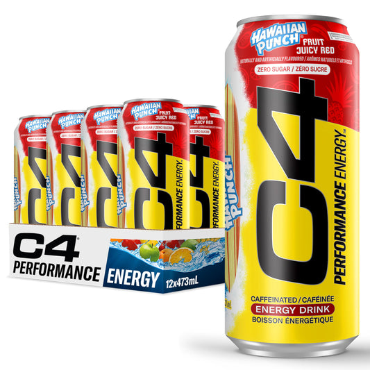 Cellucor C4 Performance Energy Drink, Hawaiian Punch Juicy Red, Carbonated Sugar Free Drink with no Artificial Colours or Dyes, 473mL, 12 count