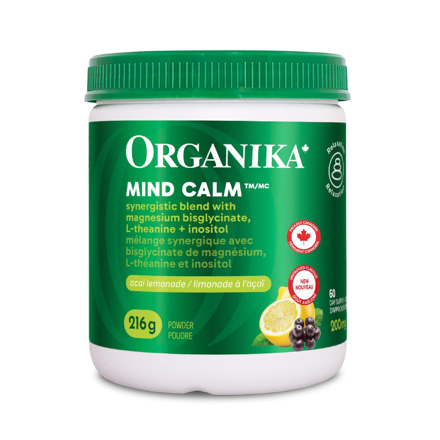Organika Mind Calm Powder- with Magnesium Bisglycinate, L-Theanine, GABA, Inositol- Promotes Relaxation and Calm without Drowsiness- Acai Lemonade Flavour- 216g Organika