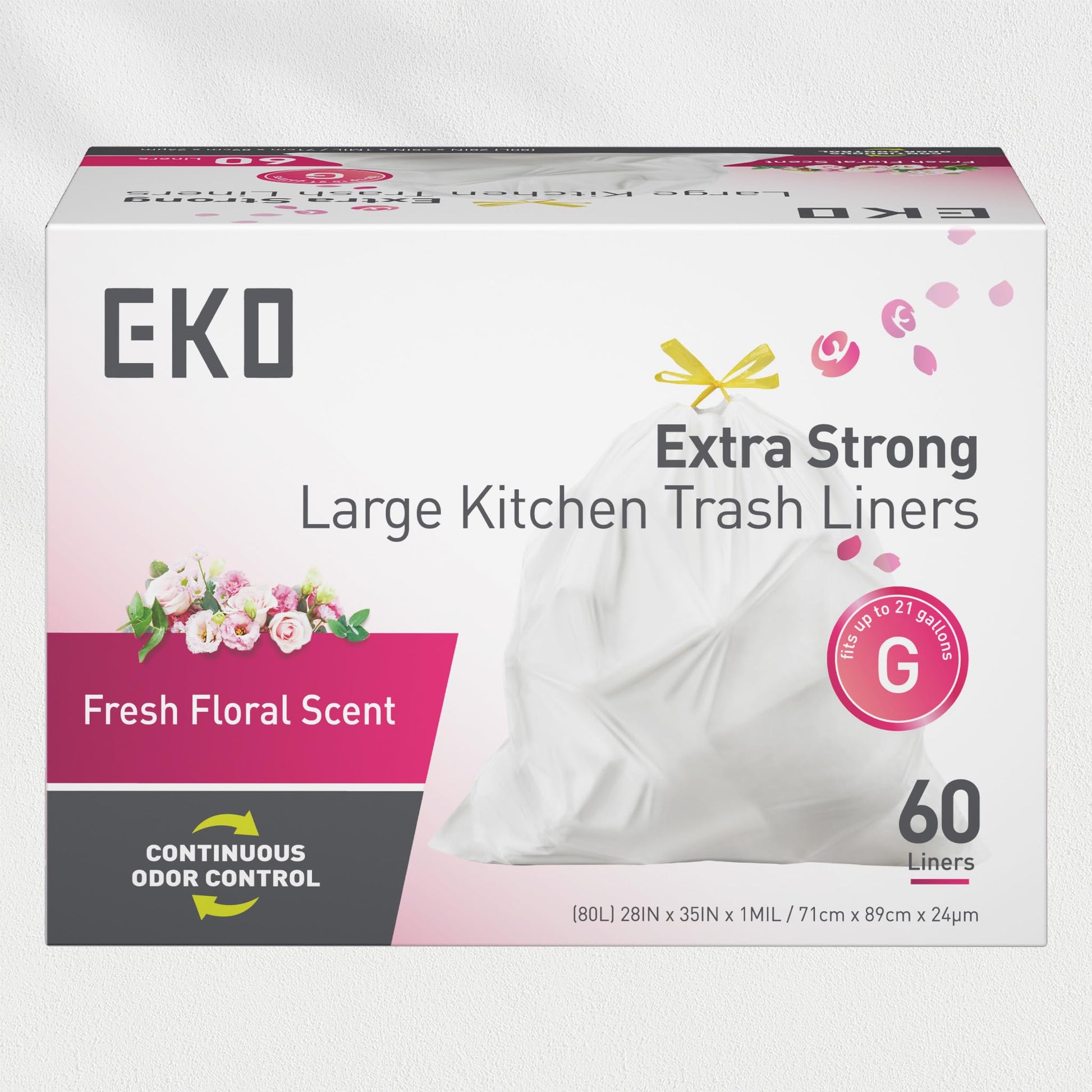 EKO Extra Strong 21 Gallon Large Trash Bags, Heavy-Duty Drawstring Kitchen & Household Garbage Bags (80L), Leak-Resistant, Fresh Floral Scent, Continuous Odor Control, 60 Count, Code G EKO
