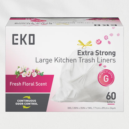 EKO Extra Strong 21 Gallon Large Trash Bags, Heavy-Duty Drawstring Kitchen & Household Garbage Bags (80L), Leak-Resistant, Fresh Floral Scent, Continuous Odor Control, 60 Count, Code G EKO