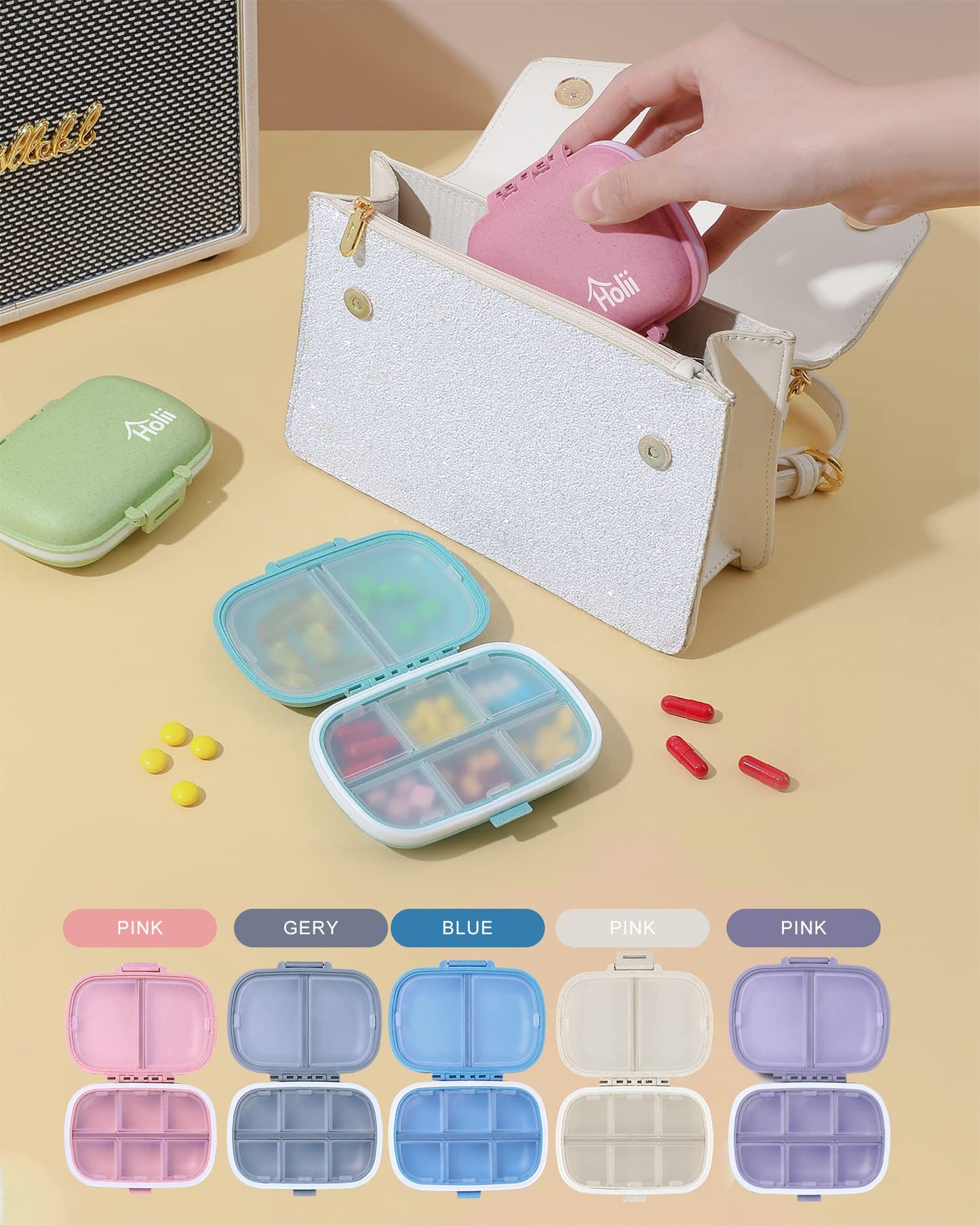 Holii Travel Pill Organizer, 8 Compartments Portable Pill Case, Daily Pill Box to Hold Vitamins, Small Pill Container for Pocket Purse Medicine Organizer（Khaki） - Available at All In One Marketplace Canada