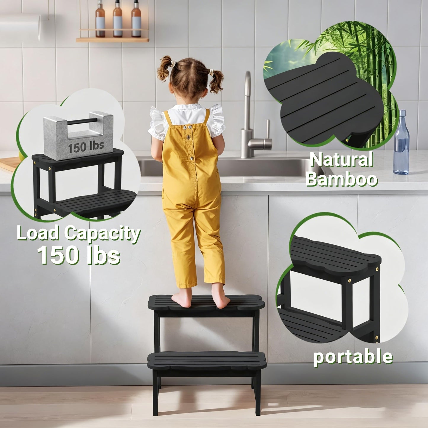 COSYLAND Bamboo Step Stool, Two Step Stools Toddler 300 lbs Capacity with Safety Non-Slip Pads, Bamboo Step Stool for Bathroom, Kitchen Dual Height Step Stools for Kids (Black) 🍁 All In One Marketplace Canada