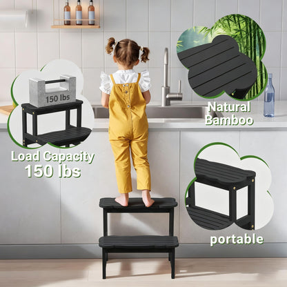 COSYLAND Bamboo Step Stool, Two Step Stools Toddler 300 lbs Capacity with Safety Non-Slip Pads, Bamboo Step Stool for Bathroom, Kitchen Dual Height Step Stools for Kids (Black) 🍁 All In One Marketplace Canada