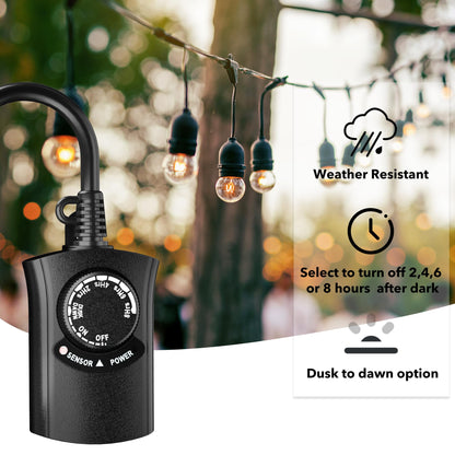 HBN Outdoor Light Timer Waterproof, Weatherproof Photocell Dusk to Dawn Light Sensor Timer 2/4/6/8 Countdown Timer, 1 Grounded Outlet for Christmas Lights，Hallowen Deceration，1875W 15A 1/2HP 🍁 All In One Marketplace Canada