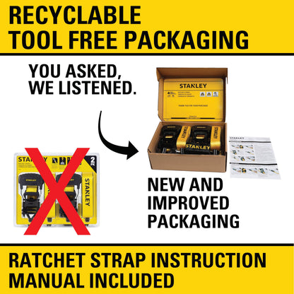 Stanley S1007 Black/Yellow 1.5" x 16' Ratchet Tie Down Straps - Heavy Cargo Securing (3,300 lbs Break Strength), 2 Pack Stanley