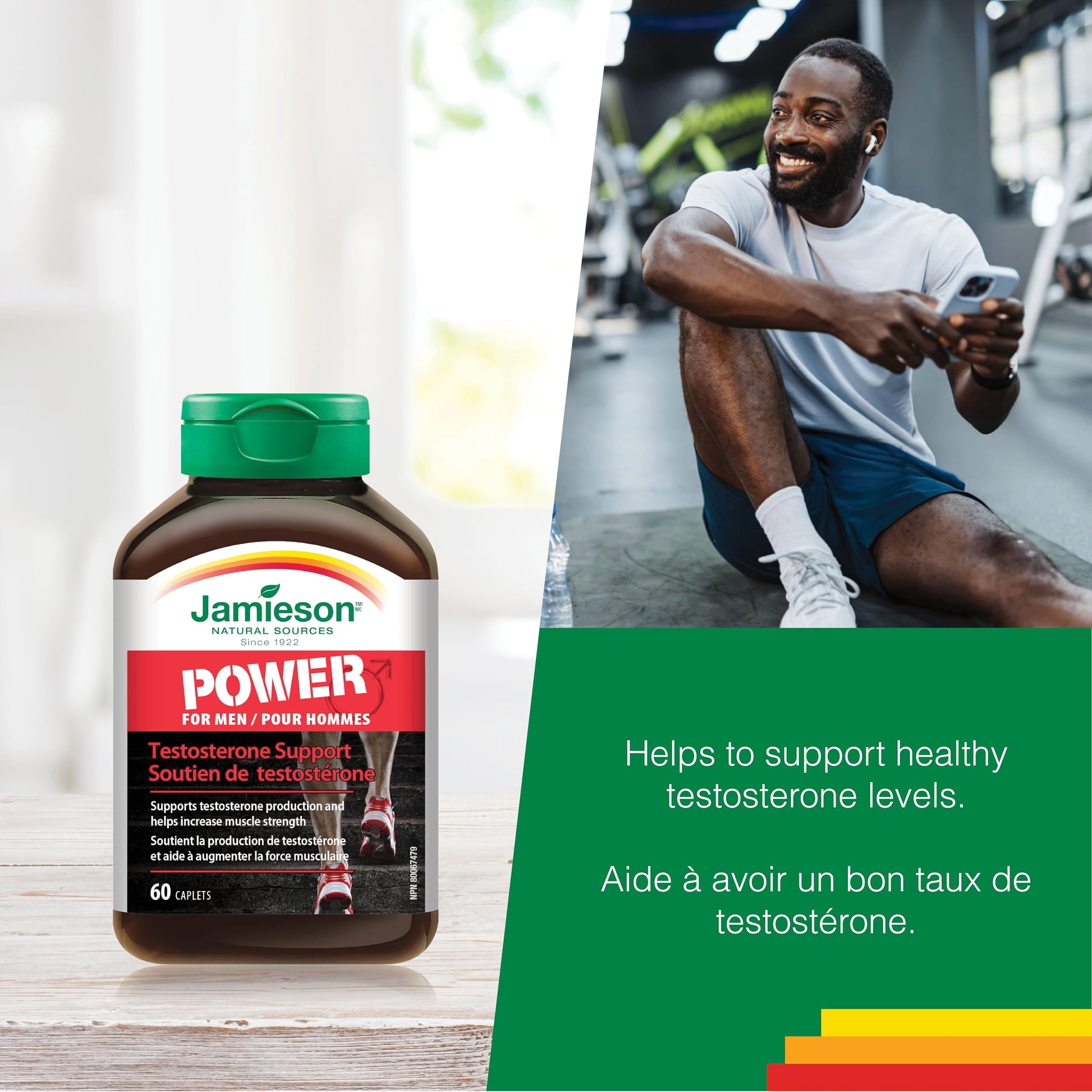 Jamieson Power for Men Vegetarian Caplets, with Fenugreek, Zinc, Magnesium Aspartate, Vitamin B6, and Beta-Alanine. Supports Testosterone Production, Muscle Strength, and Recovery, Gluten-Free, 60 Count, Proudly Canadian - Available at All In One Marketplace Canada