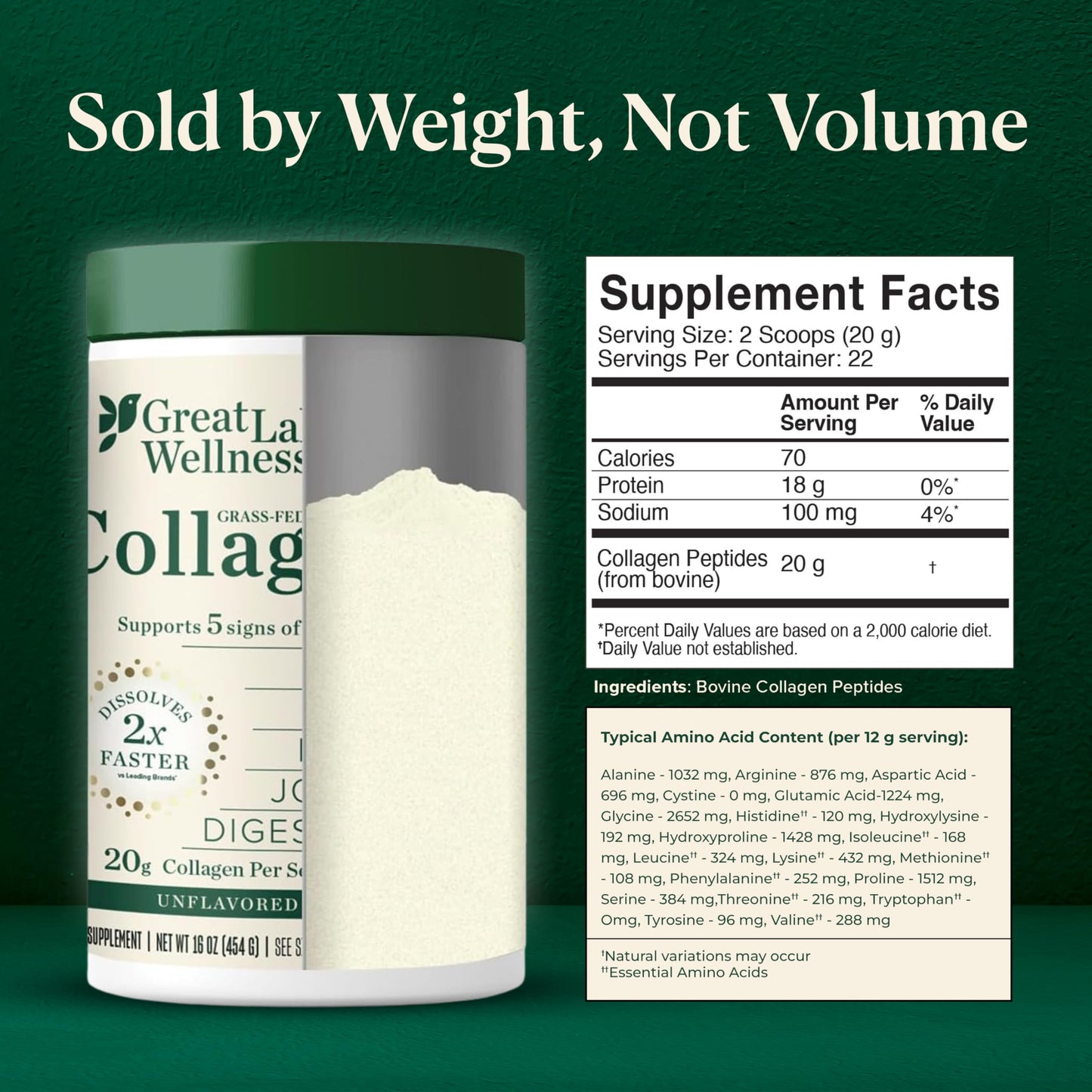 Great Lakes Wellness Grass-Fed Collagen Peptides - Unflavored Hydrolyzed Powder, Non-GMO, Hormone & Antibiotic Free - 454g