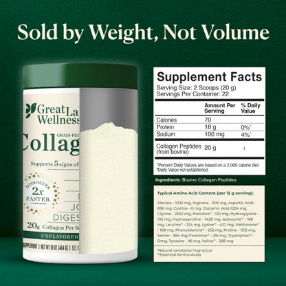 Great Lakes Wellness Grass-Fed Collagen Peptides - Unflavored Hydrolyzed Powder, Non-GMO, Hormone & Antibiotic Free - 454g
