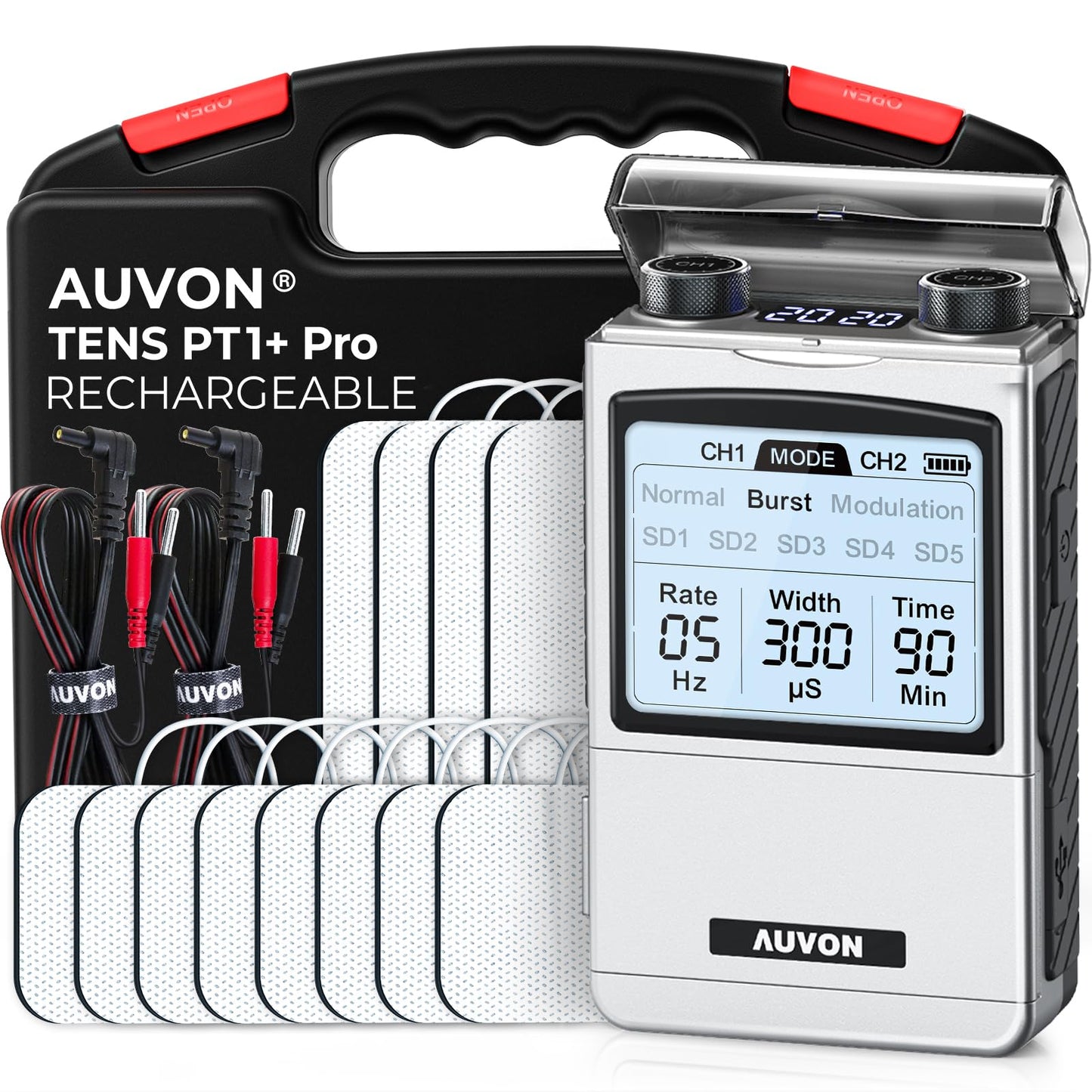 AUVON Rechargeable TENS Machine EMS Muscle Stimulator, Digital TENS Unit with 8 Customizable Modes, Electronic Massager for Sciatica, Shoulder & Back Pain Relief, 12 Pads, A Carry Case - Available at All In One Marketplace Canada